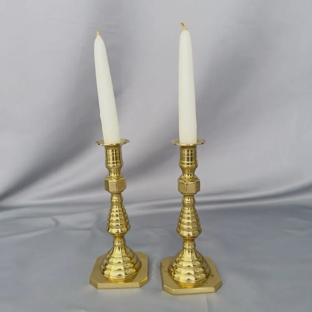 English Brass Beehive Candlesticks Diamond Pattern Victorian Style Pair Vtg